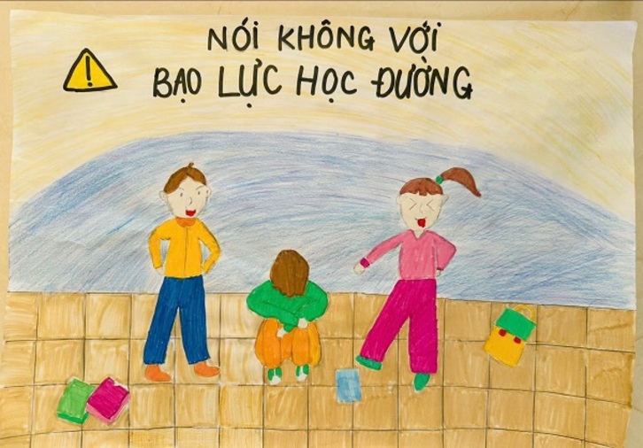 Poster chống bạo lực học đường - Cảnh học sinh bị đám đông vây đánh