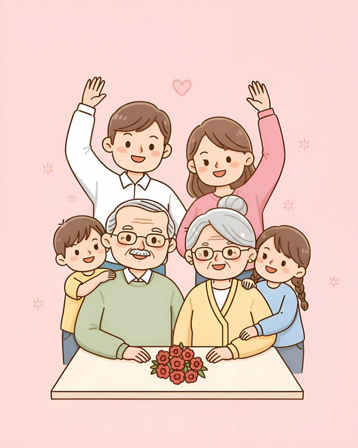 Hình nền gia đình 5 người phong cách hoạt hình đầy màu sắc